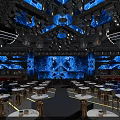 Bar Interior Design Featuring Blue Lighting Ceiling Decorations And Large Background Screen 3d model
