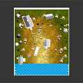 3D Rural Landscape With Cottages Green Trees Orange Shrubs White Caravan And Small River