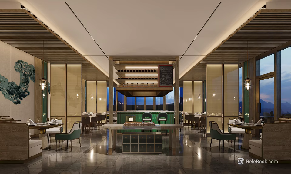 Elegant Modern Restaurant Interior Design With Marble Dining Tables And Ambient Lighting 3d model