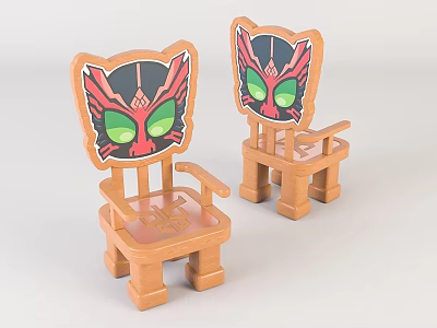 Cute Wooden Children's Chairs With Cartoon Animal Face Backrest Green Eyes And Red Black Patterns 3d model