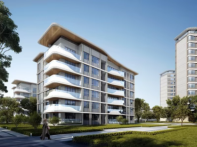 Modern Mid Rise Residential Building Exterior With Balconies Green Lawn And Trees 3d model