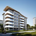 Modern Mid Rise Residential Building Exterior With Balconies Green Lawn And Trees