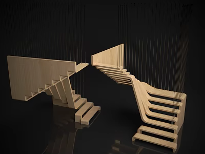 Modern Wooden Staircase With Curved Steps Geometric Structure And Reflective Surface Design 3d model