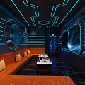 Modern KTV Lounge Interior With Blue Neon Lights Orange Sofas And Large Screen 3d model