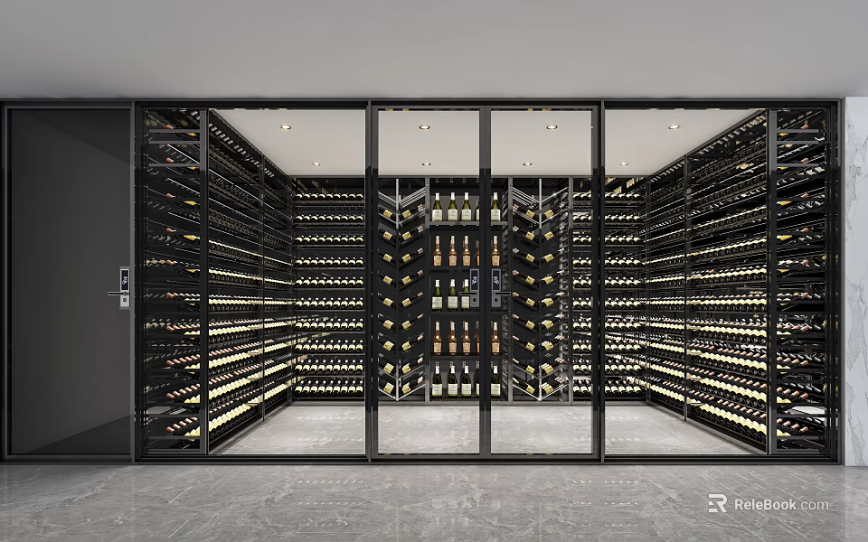 Modern Wine Cellar With Glass Doors And Rows Of Wine Bottles On Metal Racks 3d model 