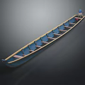 Long Blue Water Vessel With Multiple Seats Yellow Edges And Wooden Structure Design