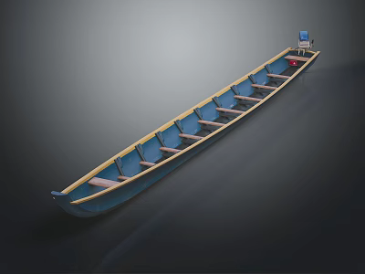 Long Blue Water Vessel With Multiple Seats Yellow Edges And Wooden Structure Design 3d model