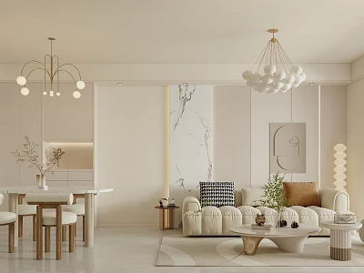 Modern Living and Dining Room Interior With Chandeliers Beige Sofa Dining Table And Marble Wall 3d model