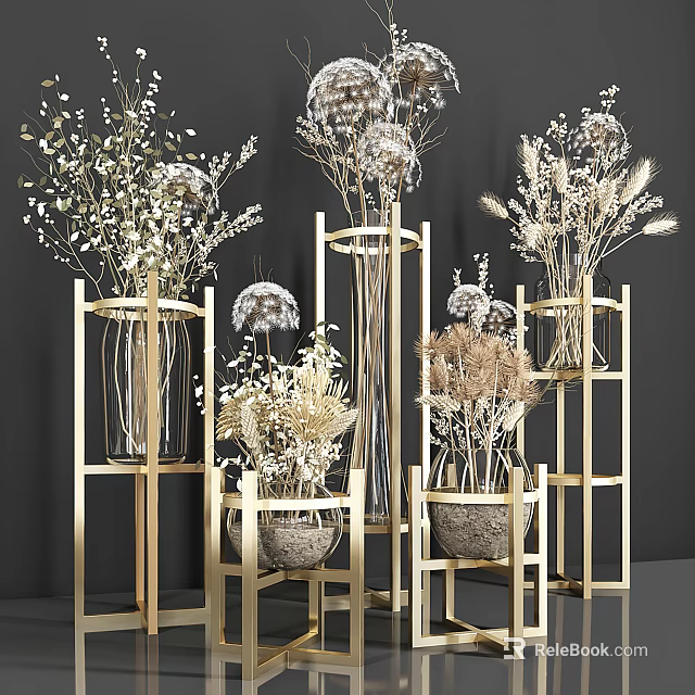Decorative Dried Flowers In Golden Stand Vases With Modern Design And Natural Elements 3d model 