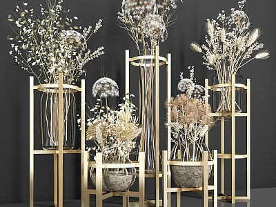 Decorative Dried Flowers In Golden Stand Vases With Modern Design And Natural Elements 3d model
