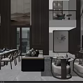 Elegant New Chinese Style Open Plan Living And Dining Room With High Ceiling Wooden Decoration