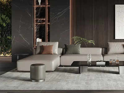 Modern Living Room Interior With Beige Sofa Throw Pillows Marble Wall And Wooden Elements 3d model
