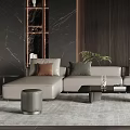 Modern Living Room Interior With Beige Sofa Throw Pillows Marble Wall And Wooden Elements