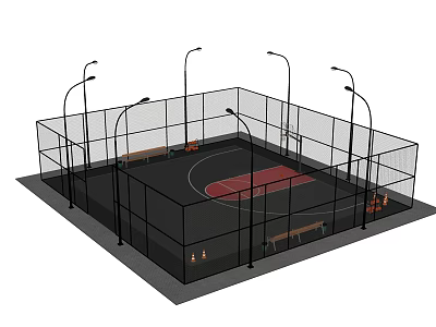 Outdoor Basketball Court With Fenced Area Lighting Benches And Red Black Flooring 3d model
