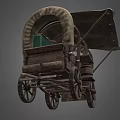 Classic Wooden Covered Wagon with Green Storage Cabinets Wooden Barrel and Wooden Wheels