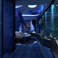 Blue Themed Hotel Guest Room With Dolphin Ceiling Decor Canopy Bed And Ocean Elements 3d model