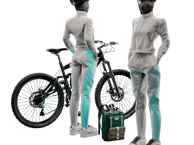 Models Wearing Grey And Turquoise Sportswear With Mountain Bike And Green Backpack 3d model