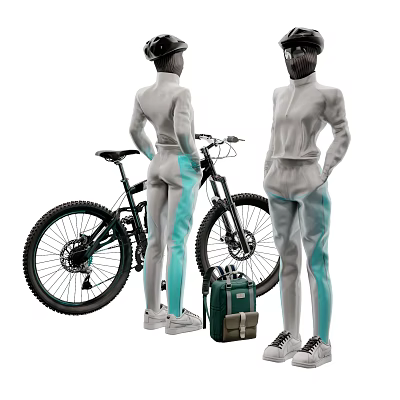 Models Wearing Grey And Turquoise Sportswear With Mountain Bike And Green Backpack 3d model