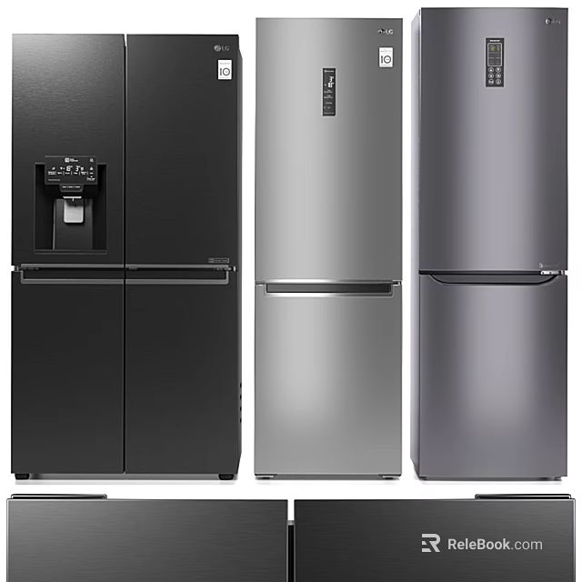 Three Modern Refrigerators With Black Silver Colors Water Dispenser And Multiple Door Designs 3d model 