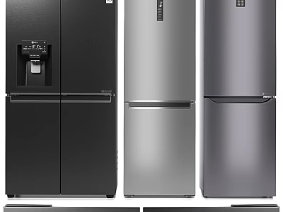 Three Modern Refrigerators With Black Silver Colors Water Dispenser And Multiple Door Designs 3d model