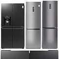 Three Modern Refrigerators With Black Silver Colors Water Dispenser And Multiple Door Designs