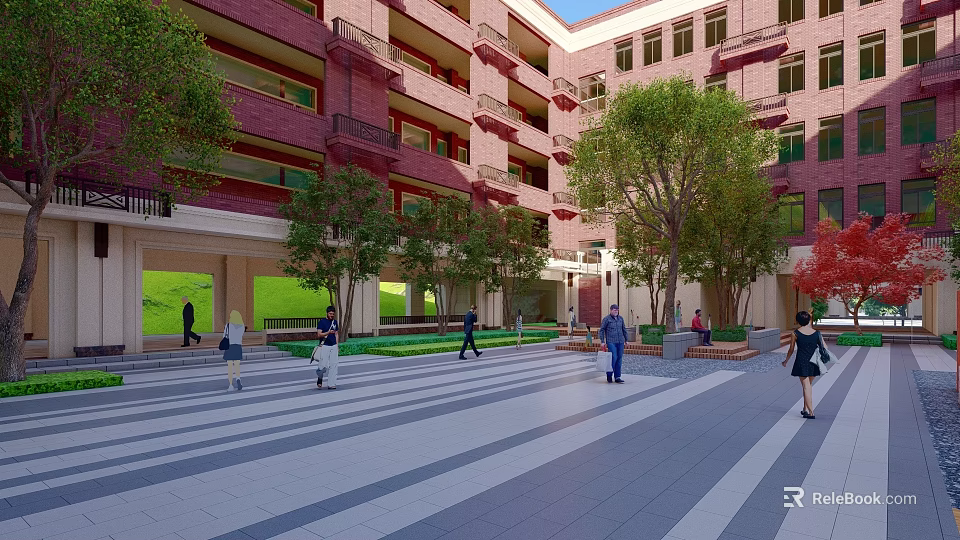 Red Brick Courtyard With Trees Stone Paved Paths And People Walking 3d model 