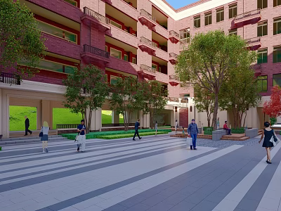 Red Brick Courtyard With Trees Stone Paved Paths And People Walking 3d model