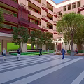 Red Brick Courtyard With Trees Stone Paved Paths And People Walking
