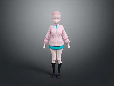 Game Movie Character With Pink Hoodie Blue Shorts Pink Short Hair And Black Long Socks 3d model
