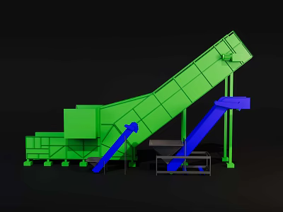 Green Industrial Conveyor Equipment Featuring Blue Components Inclined Structure Support Legs And Platform 3d model