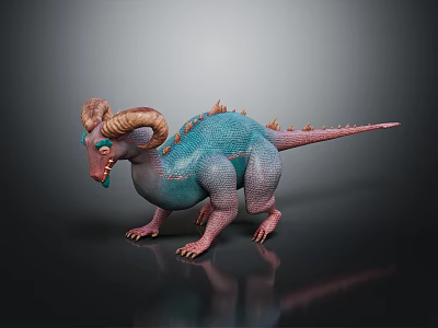 Fantasy Monster 3D Model With Curved Horns Spikes And Blue Green And Pink Scaly Skin 3d model