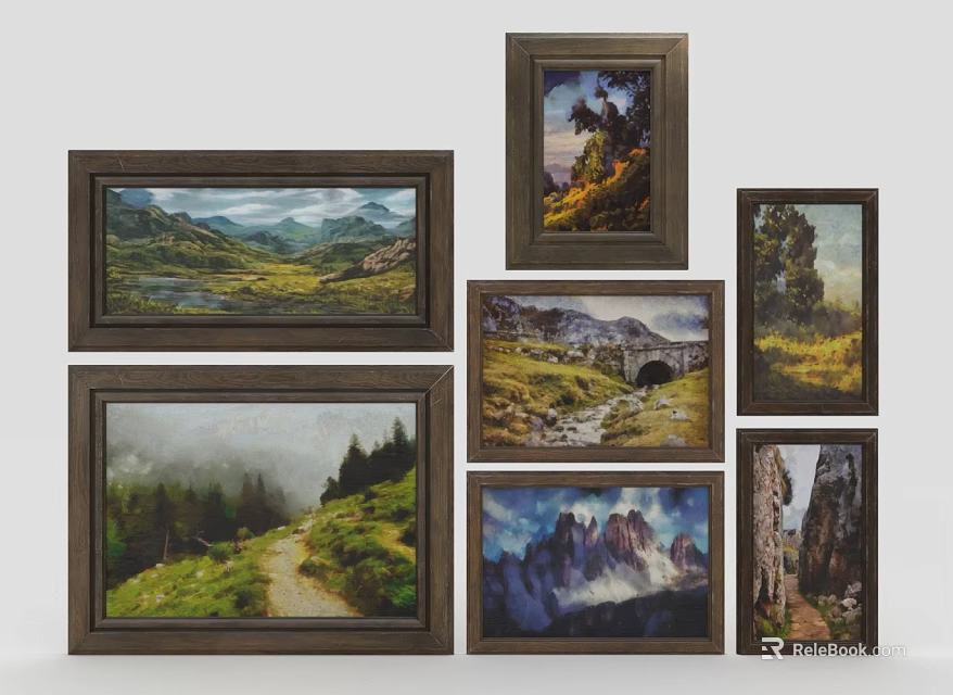 Six Dark Brown Decorative Frames Featuring Landscape Paintings With Natural Scenery Mountains Forests And Bridges 3d model 