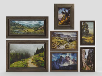 Six Dark Brown Decorative Frames Featuring Landscape Paintings With Natural Scenery Mountains Forests And Bridges 3d model