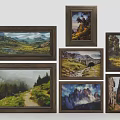Six Dark Brown Decorative Frames Featuring Landscape Paintings With Natural Scenery Mountains Forests And Bridges