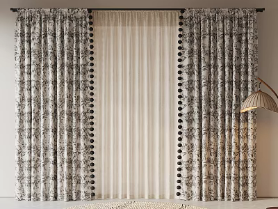 Elegant Patterned Curtains With Black Pom Pom Trim And Sheer Middle Panel 3d model