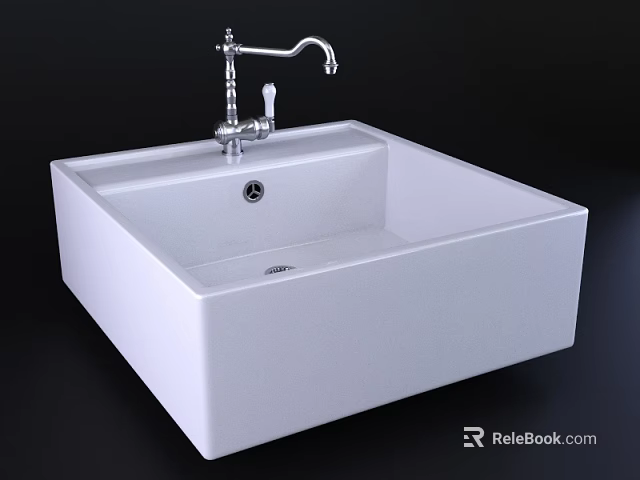 White Square Modern Washbasin With Chrome Faucet And Sleek Design 3d model 