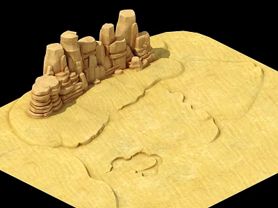 Desert Landscape With Yellow Sandy Land And Stacked Rocks In Sand Table Model 3d model