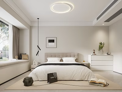 Modern Bedroom With Round Ceiling Light Large Window Window Seat White Bed Dresser And Green Plant 3d model