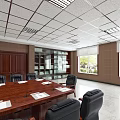Conference Room Interior With Long Wooden Table Black Chairs Blue Screen And Wooden Doors
