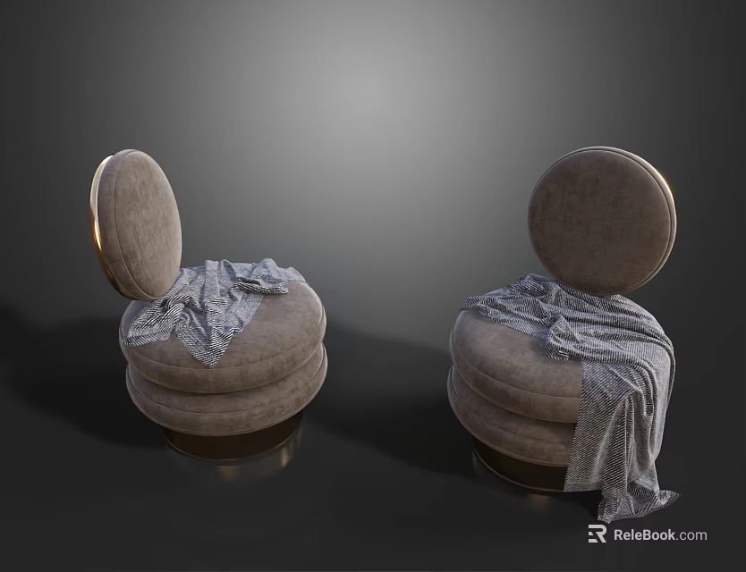 Two Elegant Round Single Sofa With Soft Upholstery And Gray Blanket On Metal Base 3d model 