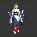 Game Movie Character in Blue White Kimono Star Patterns Blonde Hair Gold Belt Three Swords