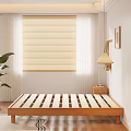 Wooden Frame Double Bed in Bedroom with White Sheets Beige Blanket Nightstand and Vase Flowers