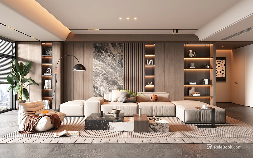 Modern Living Room Interior With Large Artwork Wooden Bookshelves Sectional Sofa And Floor Lamp 3d model 