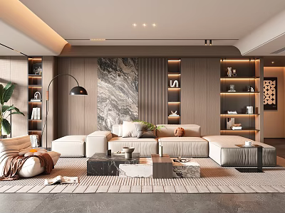 Modern Living Room Interior With Large Artwork Wooden Bookshelves Sectional Sofa And Floor Lamp 3d model