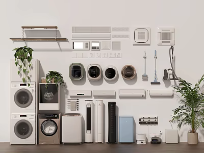 Various Home Appliances Display In Modern Living Area With Plants 3d model