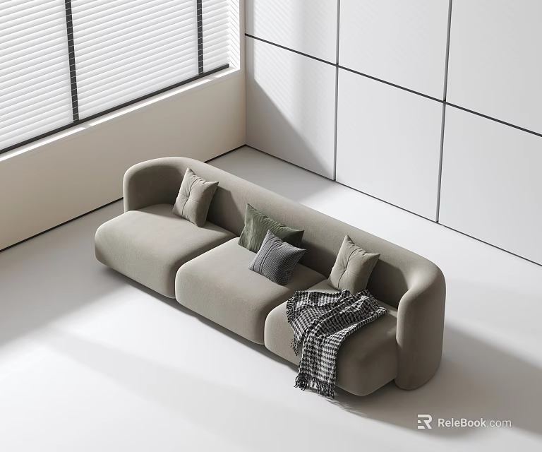 Light Gray Three Seater Sofa With Pillows And Plaid Blanket In Modern Bright Room 3d model 