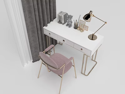 Modern White Desk With Gold Metal Legs Pink Chair Table Lamp Books And Stationery 3d model