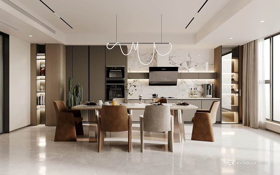 Modern Open Concept Dining Room With Kitchen Integration Dining Table Chairs And Pendant Light 3d model