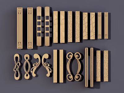 Various Decorative Brass Door Handles with Ornate Curved and Simple Striped Designs 3d model