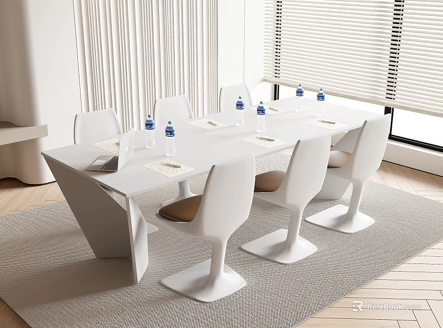Modern White Conference Table With Stylish Chairs And Water Bottles On Area Rug In Office 3d model 